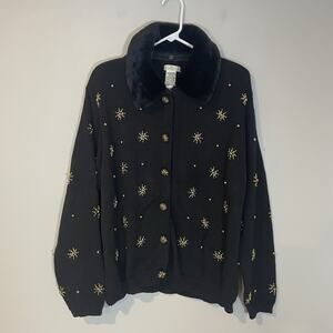 Yarnworks Womens XL Black Sweater Cardigan Gold Beaded Faux Fur Collar Holiday‎